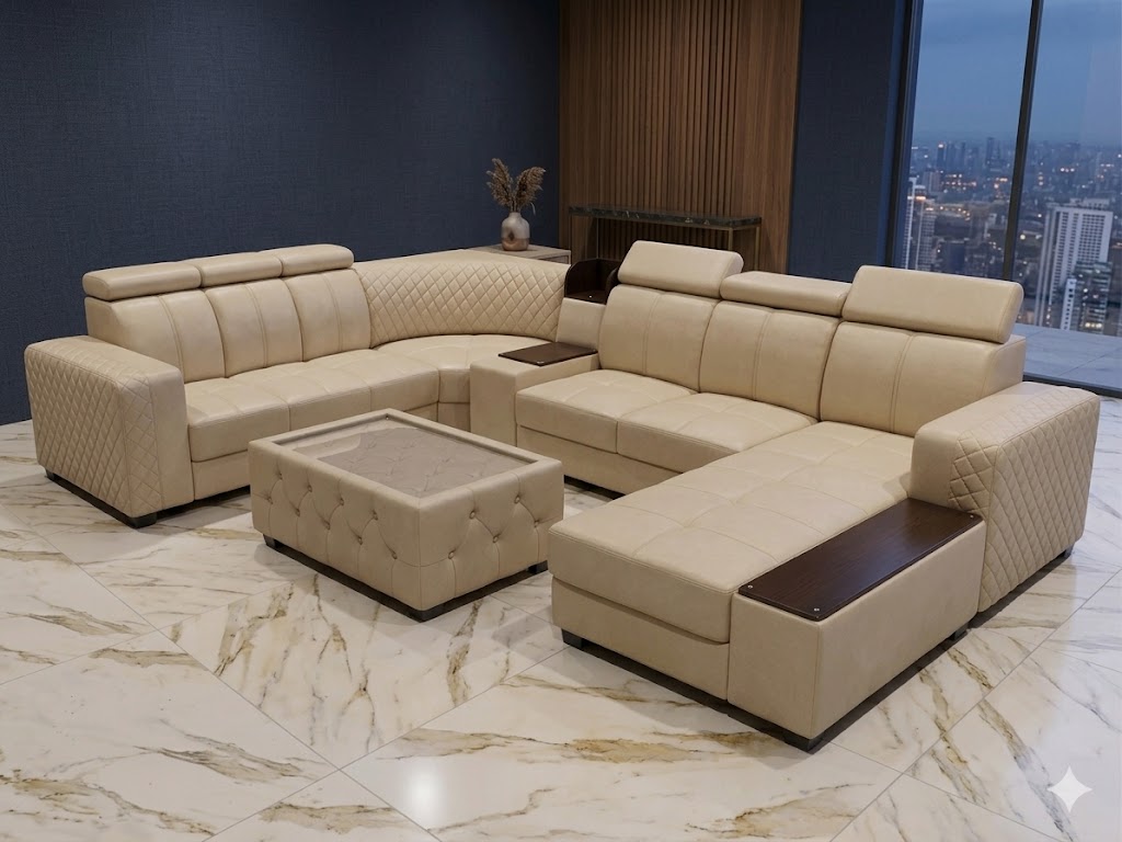 Luxury U-Shape Sectional Sofa Set with Center Table (Premium Leatherette &ndash; Beige)