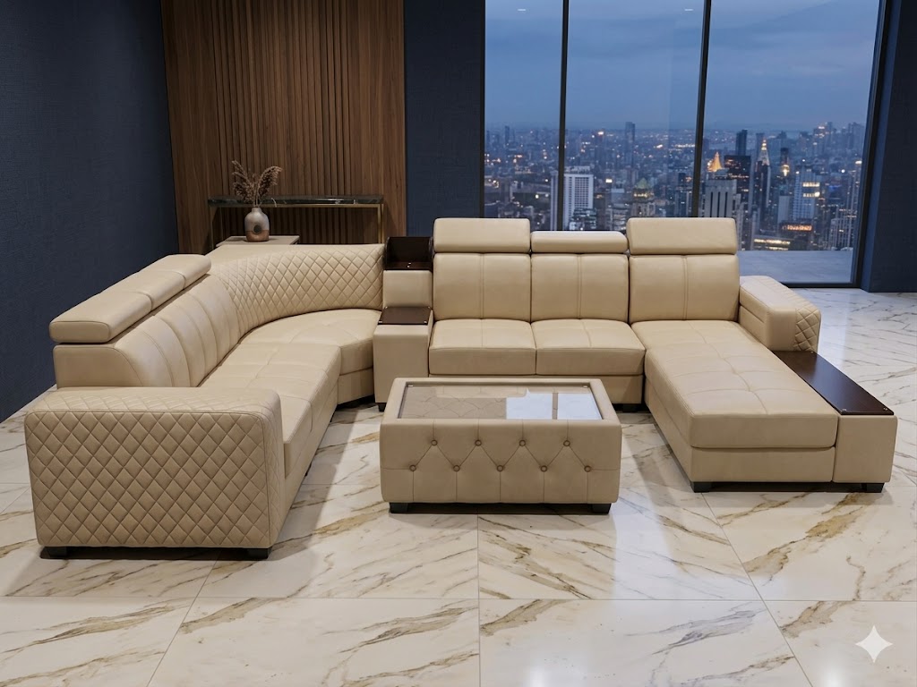 Luxury U-Shape Sectional Sofa Set with Center Table (Premium Leatherette &ndash; Beige)