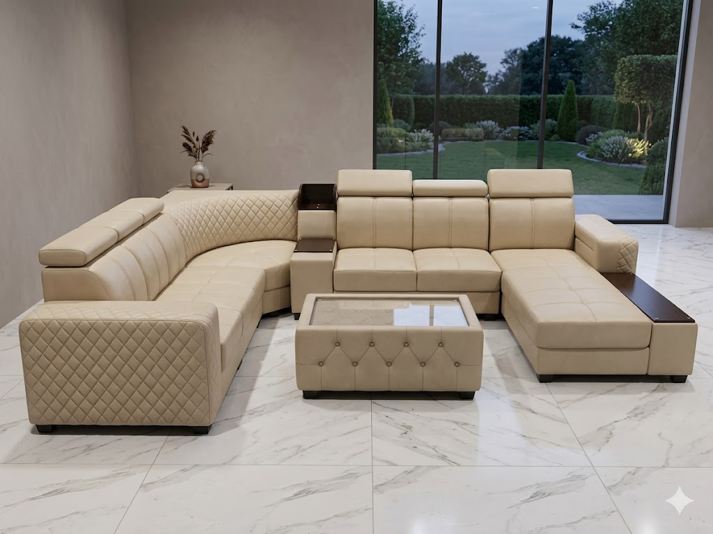 Luxury U-Shape Sectional Sofa Set with Center Table (Premium Leatherette &ndash; Beige)